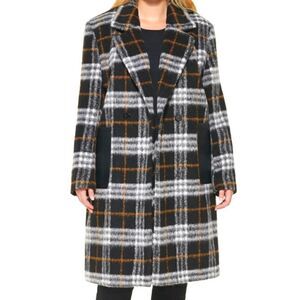 Calvin Klein Petite Plaid Faux-Leather-Pocket Walker Coat Wool Blend Black PXXS